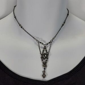 Chameleon Gun Metal Black Rhinestone Bead Drop Pendant Necklace